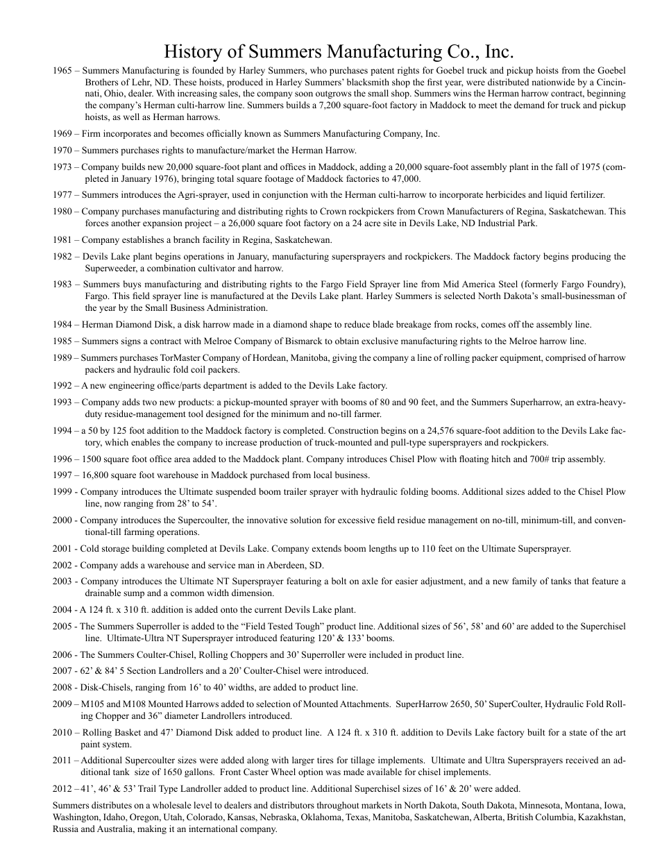 History of summers, History of summers manufacturing co., inc | Summers Superchisel - 5-Section User Manual | Page 97 / 98