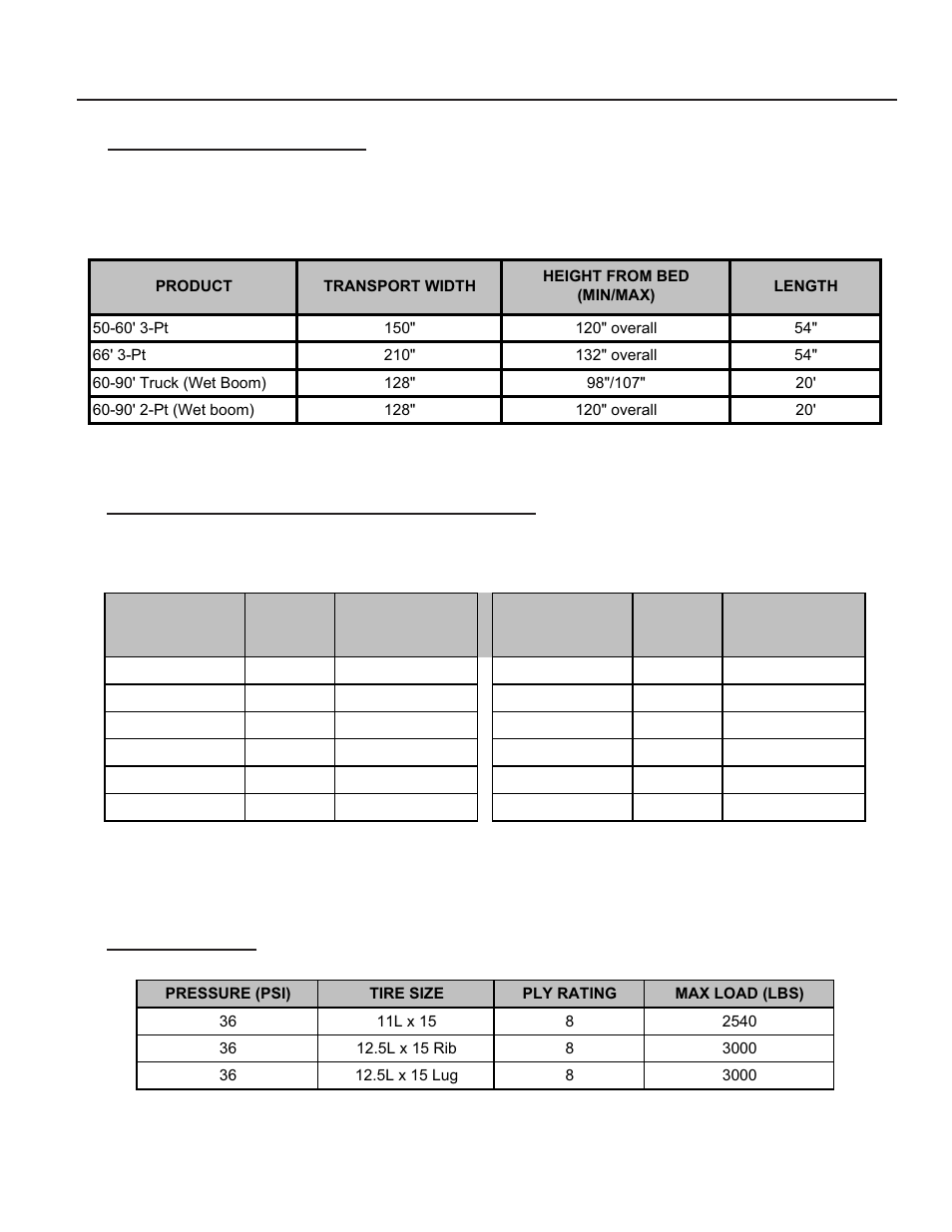 Sec 6 - specs, Sprayer size dimensions, Tip lift & transport width dimensions | Tire pressure | Summers 3Pt Supersprayer User Manual | Page 41 / 124