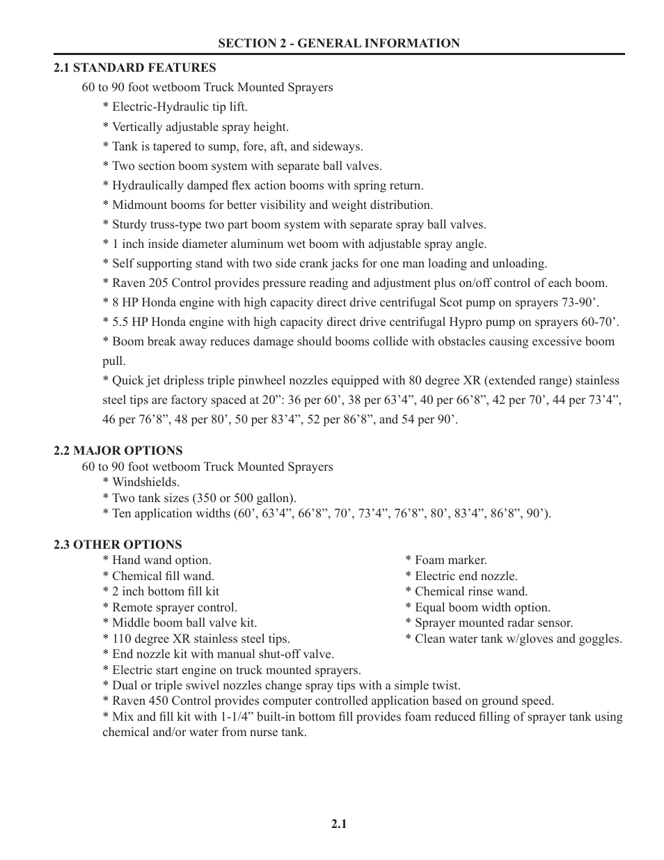 Section 2 - general information, Standard features & options, Standard features major options other options | Summers Truck Supersprayer User Manual | Page 13 / 80