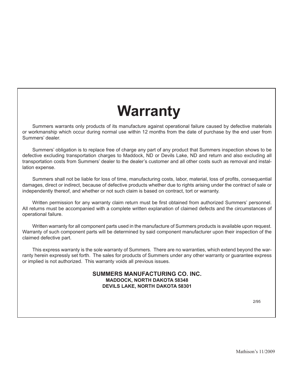 Warranty | Summers Truck Supersprayer User Manual | Page 2 / 80