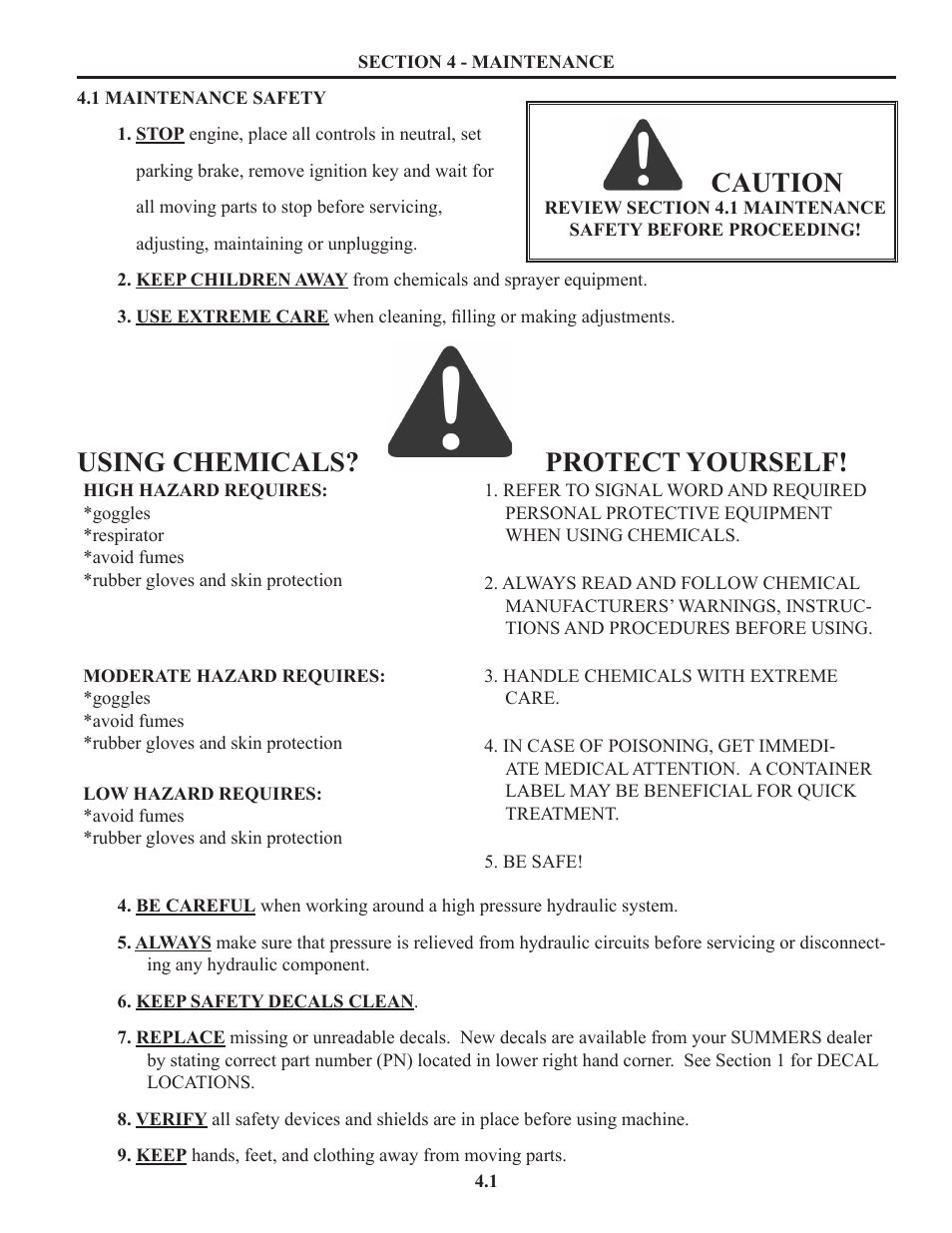 Section 4 - maintenance, Safety, Maintenance safety | Using chemicals? protect yourself, Caution | Summers Truck Supersprayer User Manual | Page 33 / 80