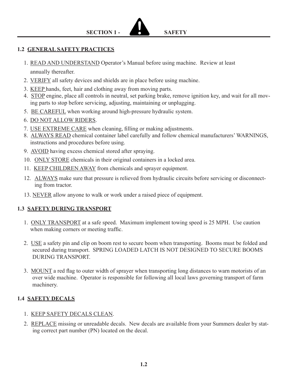 Safety practices, Safety decals | Summers Truck Supersprayer User Manual | Page 8 / 80