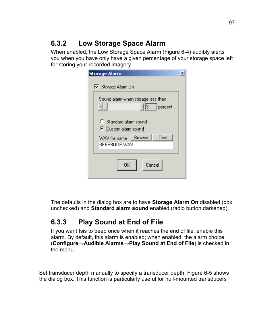 2 low storage space alarm, 3 play sound at end of file, 4 transducer depth (record mode only) | Triton Isis User Manual | Page 111 / 310