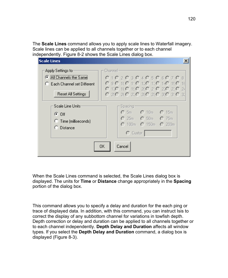 1 scale lines, 2 depth delay and duration | Triton Isis User Manual | Page 134 / 310