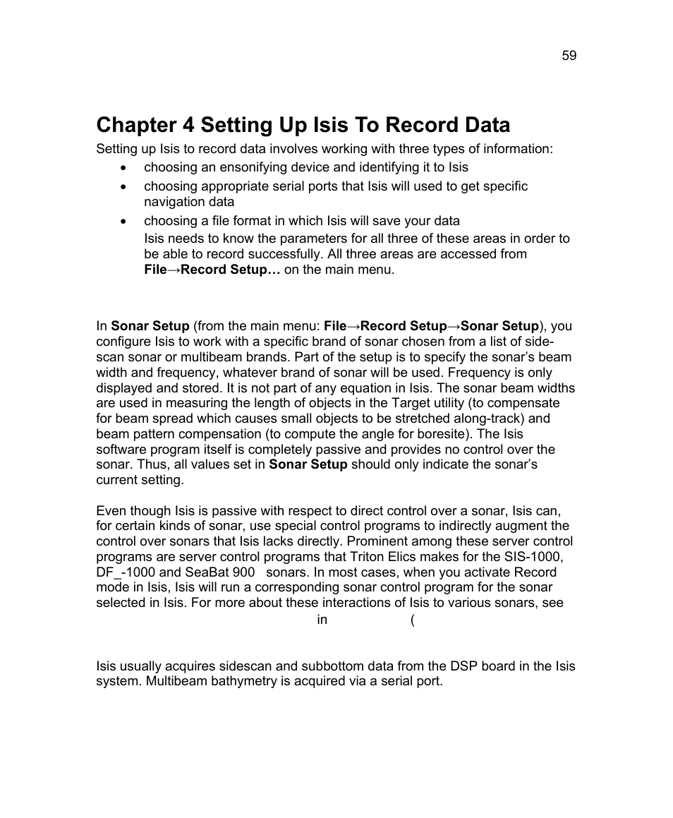 Chapter 4 setting up isis to record data, 1 sonar setup | Triton Isis User Manual | Page 73 / 310