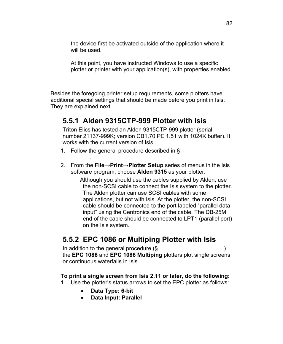 5 special settings for some isis plotters, 1 alden 9315ctp-999 plotter with isis, 2 epc 1086 or multiping plotter with isis | Triton Isis User Manual | Page 96 / 310