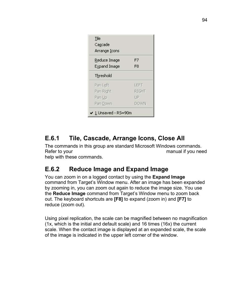 E.6.1 tile, cascade, arrange icons, close all, E.6.2 reduce image and expand image | Triton Isis User Manual | Page 104 / 168