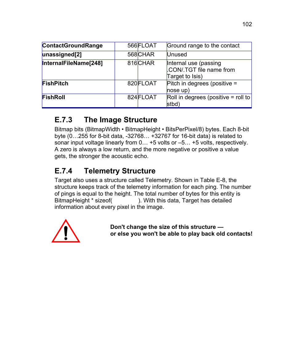 E.7.3 the image structure, E.7.4 telemetry structure | Triton Isis User Manual | Page 112 / 168