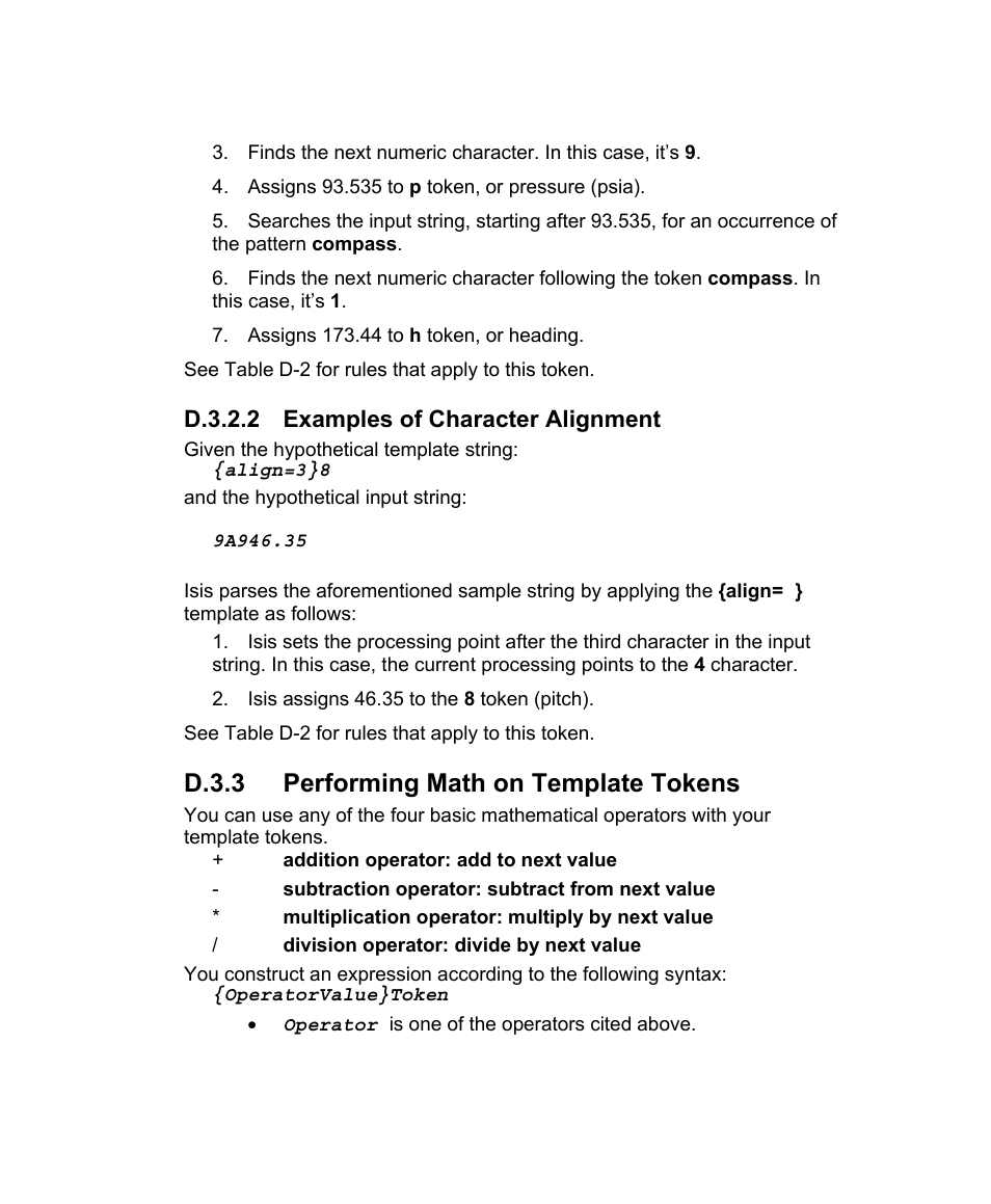 D.3.2.2 examples of character alignment, D.3.3 performing math on template tokens | Triton Isis User Manual | Page 57 / 168