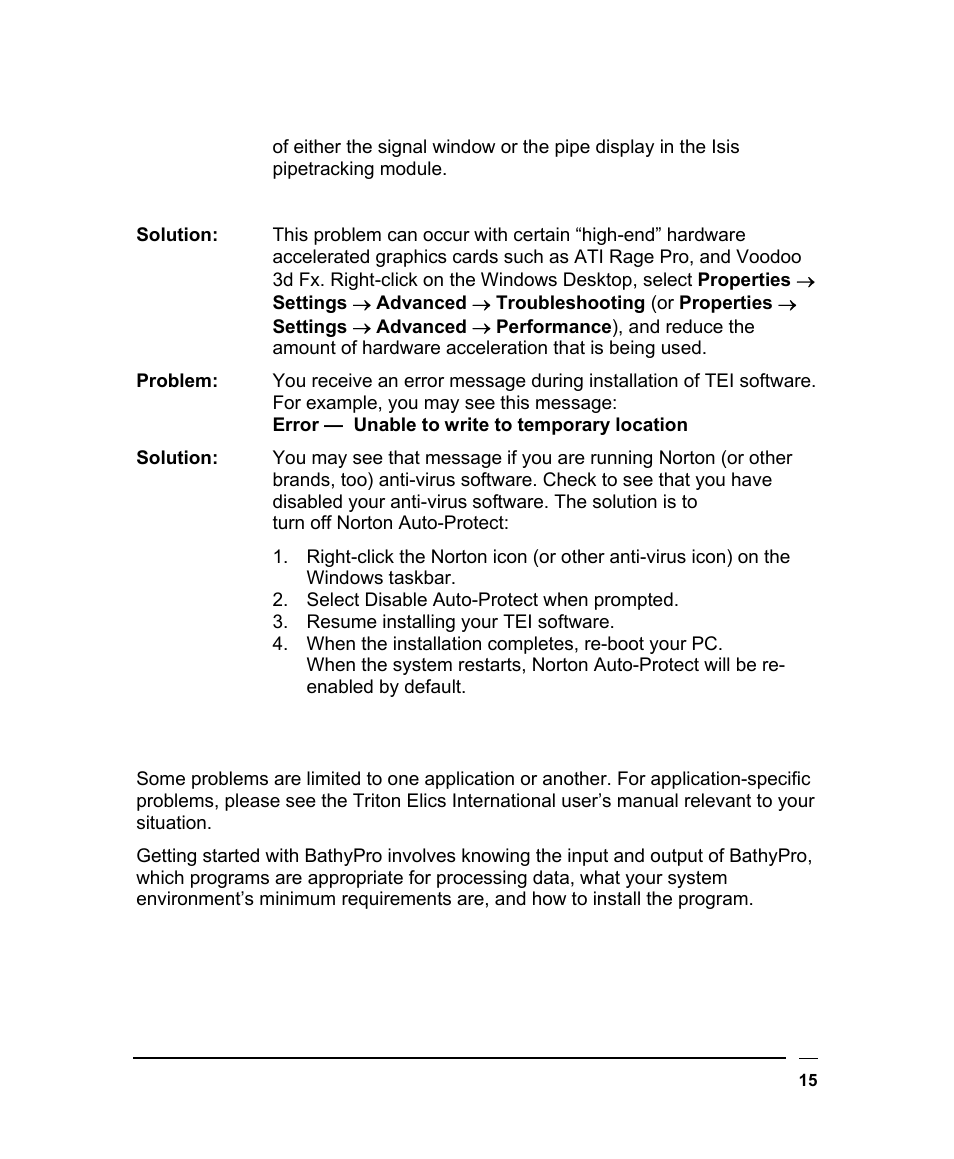 Program-specific problems and solutions, Rogram, Pecific | Roblems and, Olutions | Triton BathyPro User Manual | Page 15 / 112