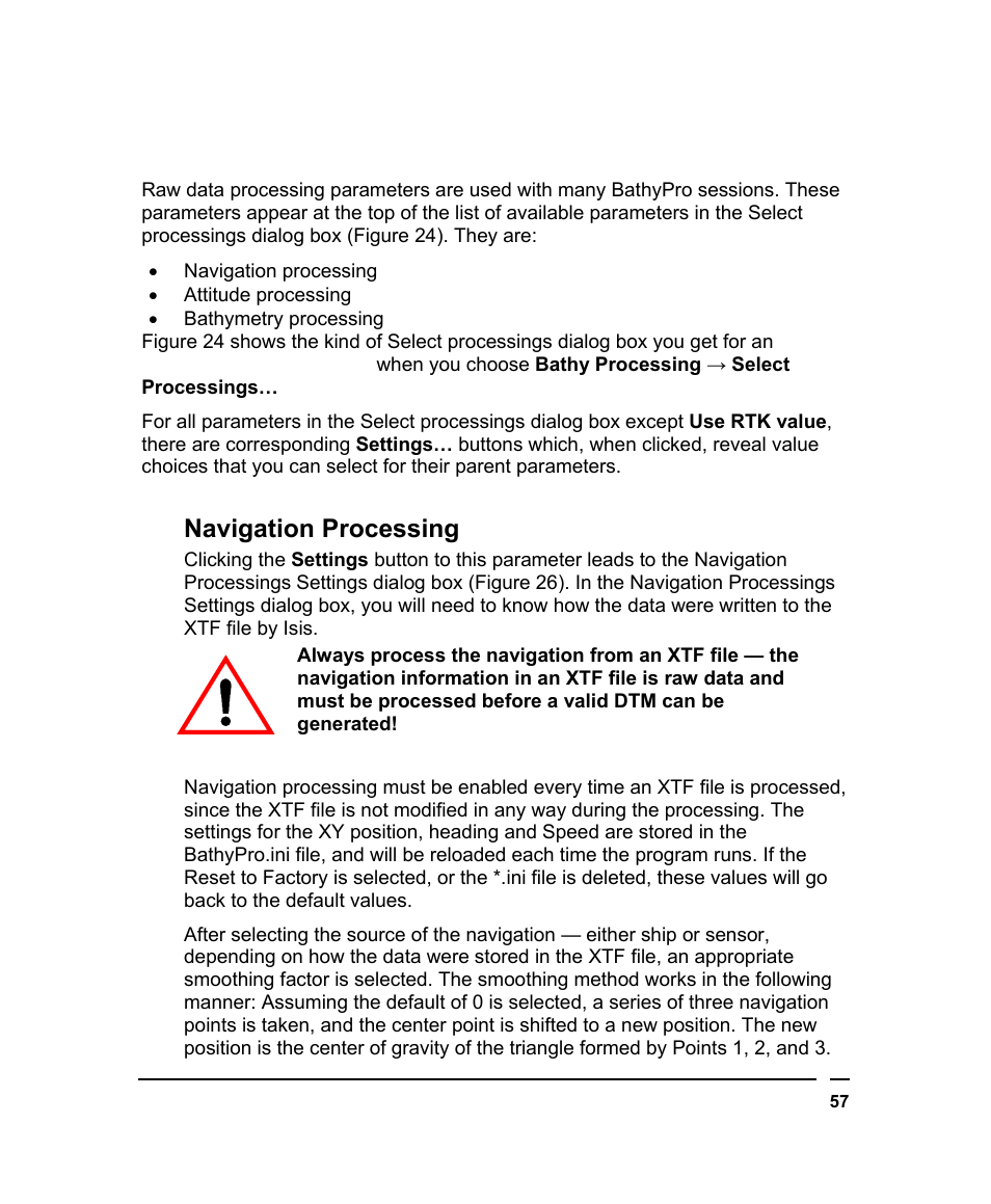 Selecting raw data processings parameters, Navigation processing, Electing | Rocessings, Arameters | Triton BathyPro User Manual | Page 57 / 112