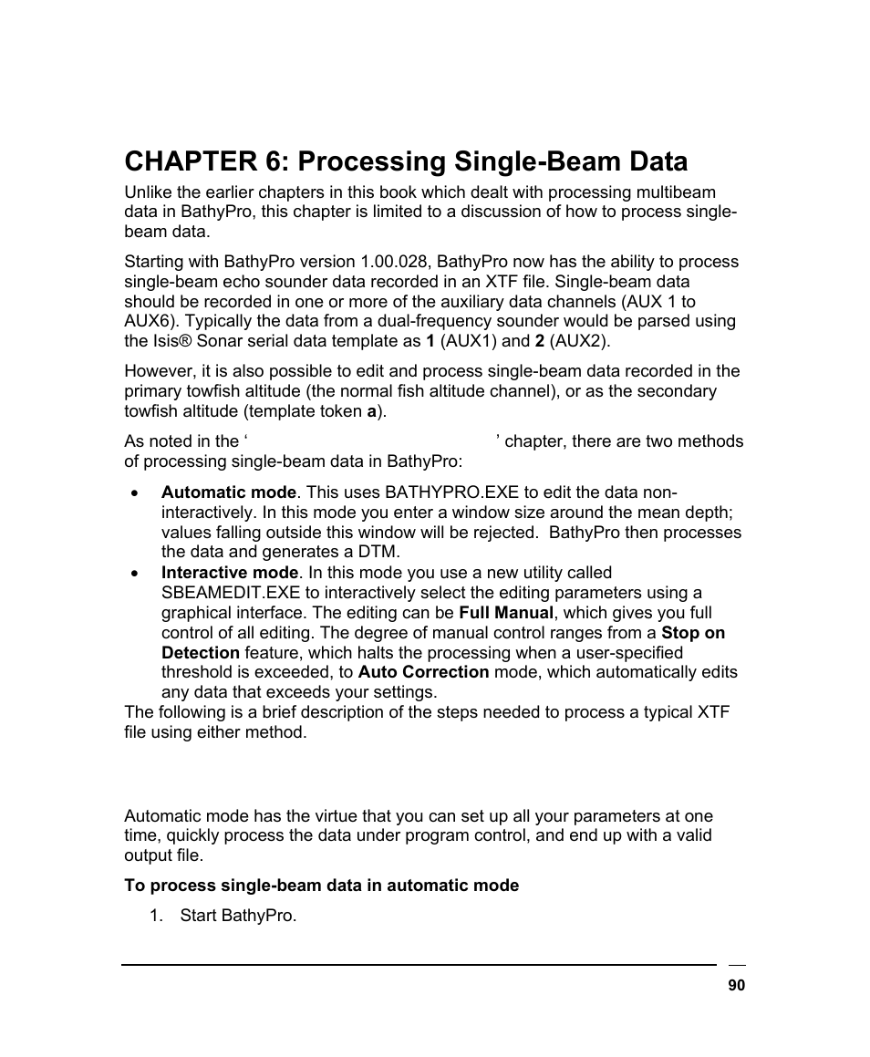 Chapter 6: processing single-beam data, Automatic mode processing using bathypro, Utomatic | Rocessing, Sing, Athy | Triton BathyPro User Manual | Page 90 / 112