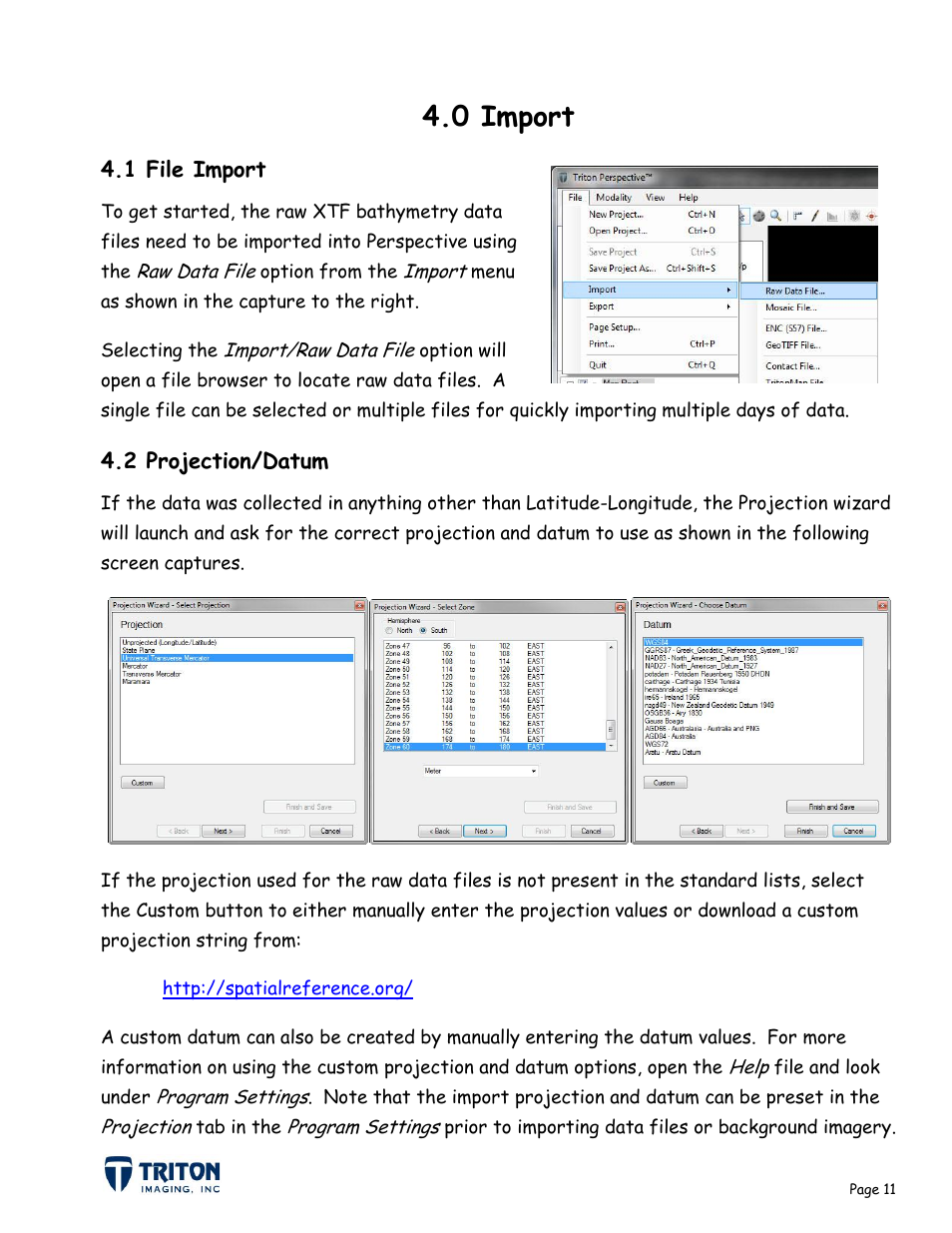 0 import, 1 file import, 2 projection/datum | Triton Bathymetry User Manual | Page 15 / 49