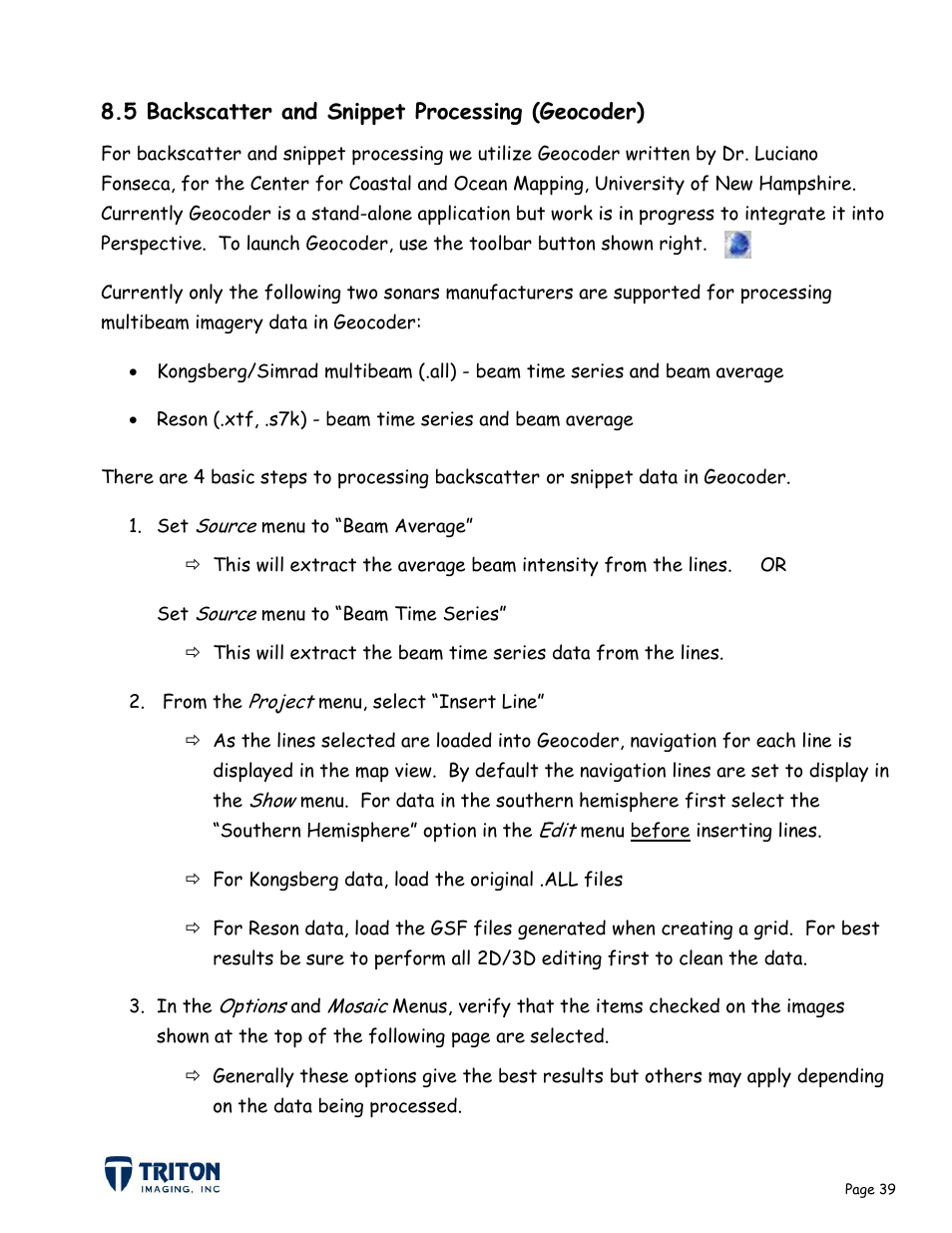 5 backscatter and snippet processing (geocoder) | Triton Bathymetry User Manual | Page 43 / 49