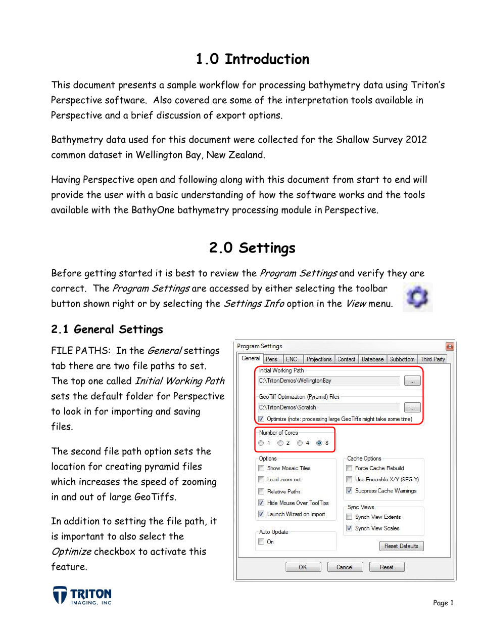 0 introduction 2.0 settings, 1 general settings, 0 introduction | 0 settings | Triton Bathymetry User Manual | Page 5 / 49