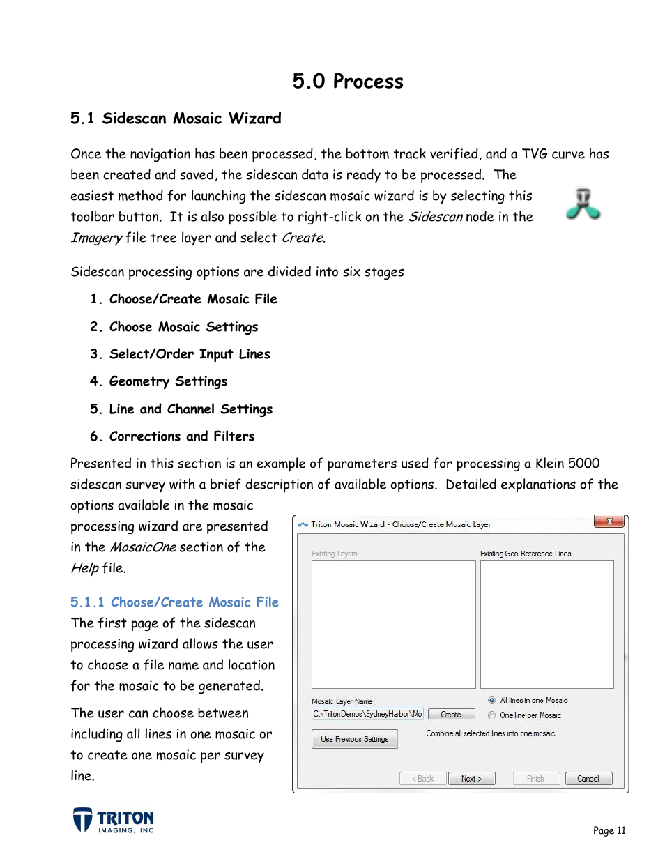 0 process, 1 sidescan mosaic wizard, 1 choose/create mosaic file | Triton Sidescan User Manual | Page 14 / 28