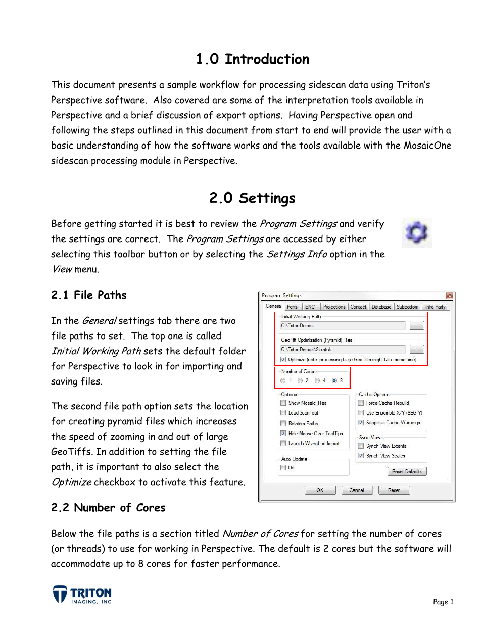 0 introduction 2.0 settings, 1 file paths 2.2 number of cores, 0 introduction | 0 settings | Triton Sidescan User Manual | Page 4 / 28
