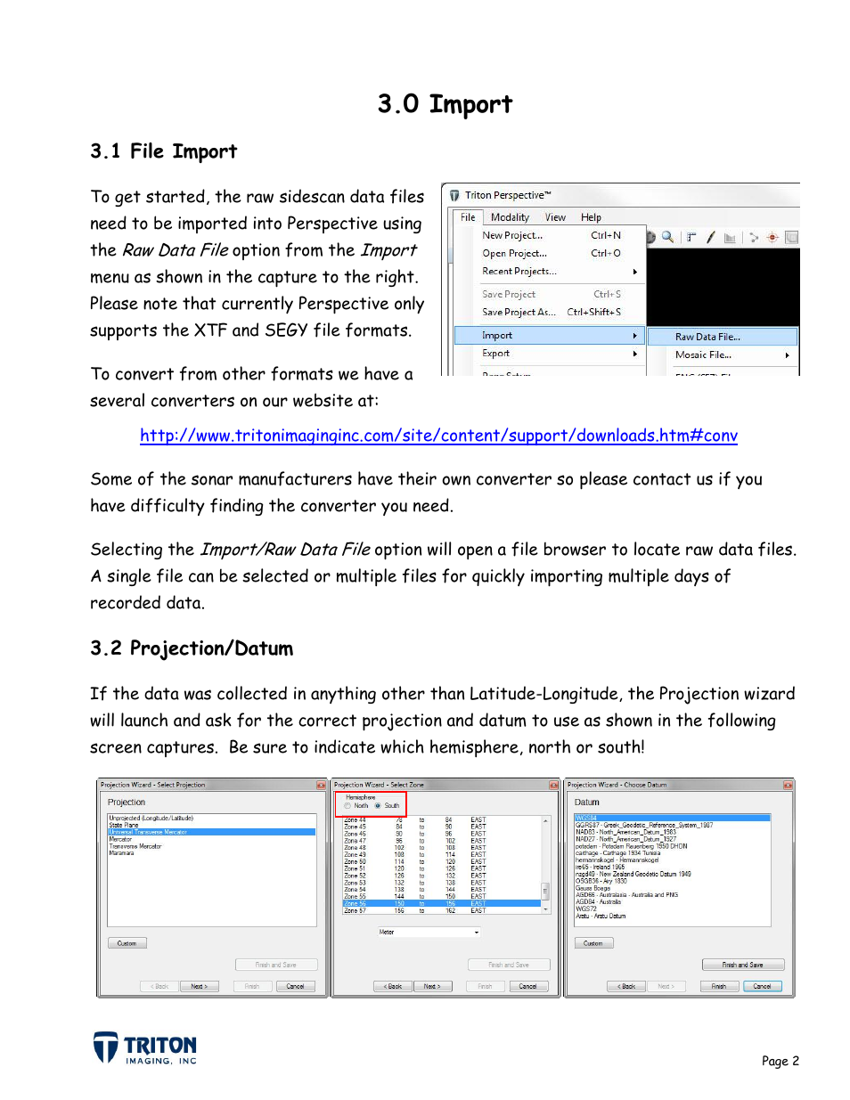 0 import, 1 file import 3.2 projection/datum | Triton Sidescan User Manual | Page 5 / 28