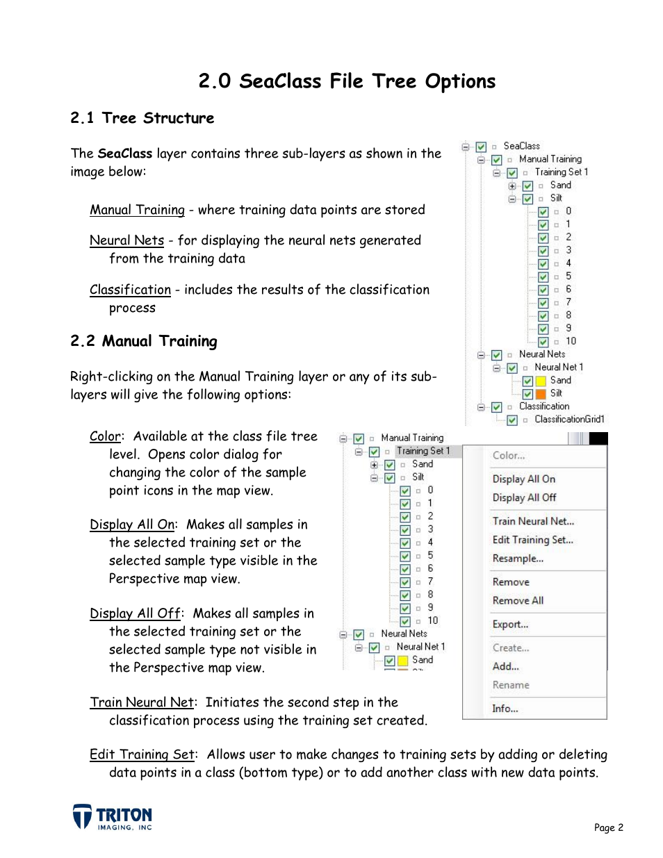 0 seaclass file tree options, 1 tree structure, 2 manual training | Triton Sediment User Manual | Page 5 / 24
