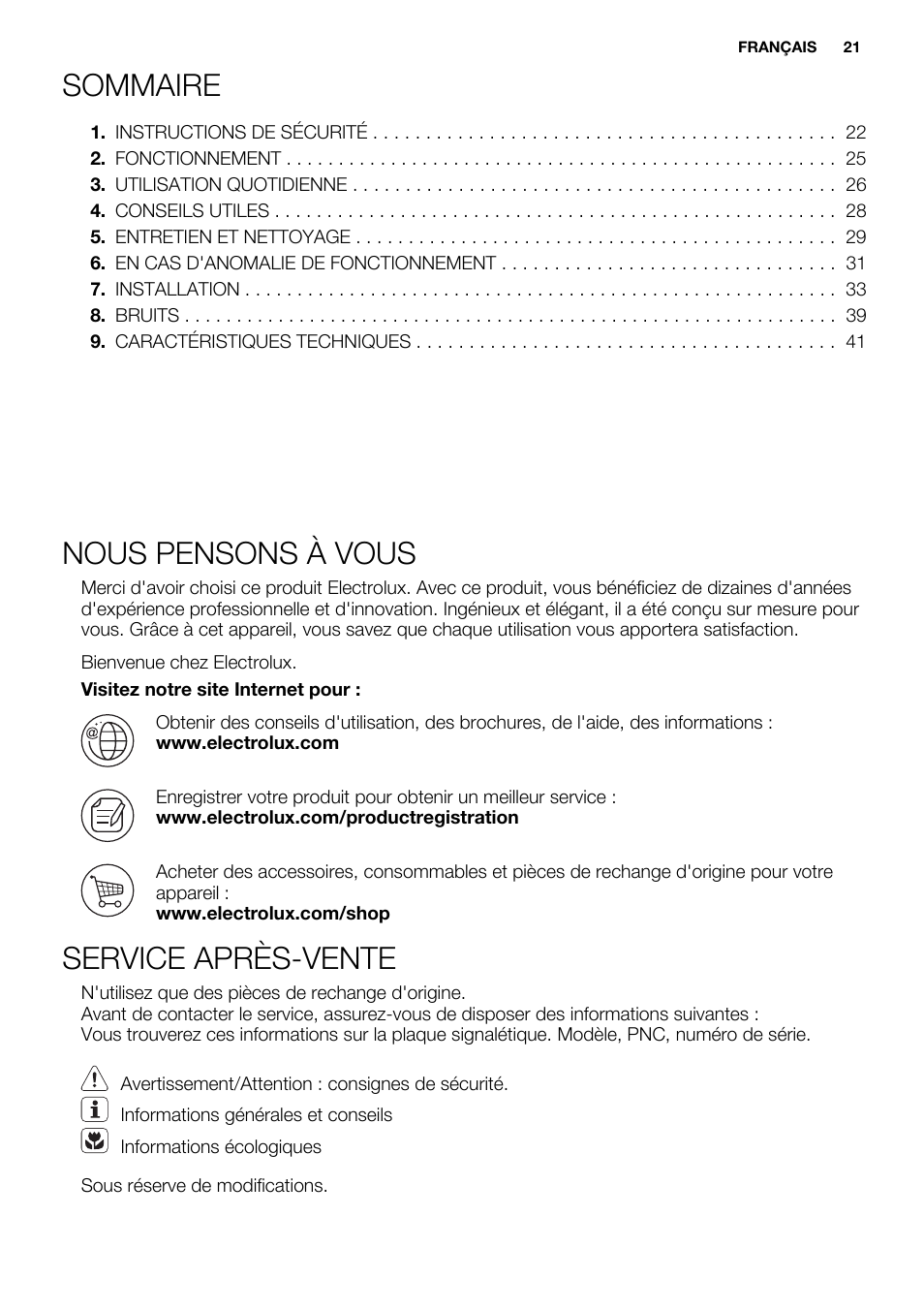 Sommaire, Nous pensons à vous, Service après-vente | Electrolux ENN2800BOW User Manual | Page 21 / 64