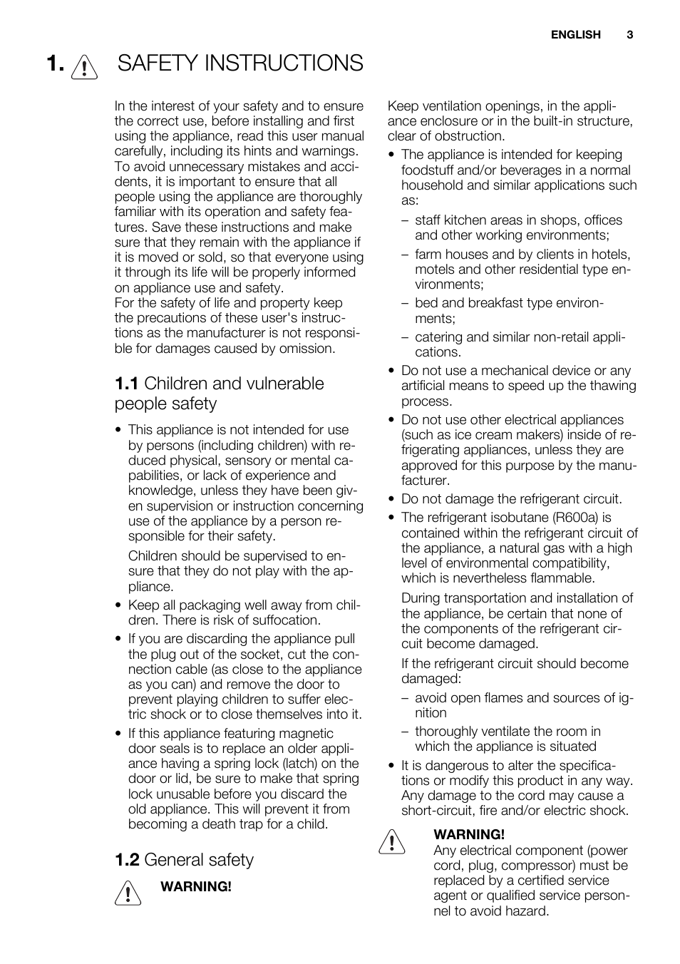 Safety instructions, 1 children and vulnerable people safety, 2 general safety | Electrolux ENN2800BOW User Manual | Page 3 / 64