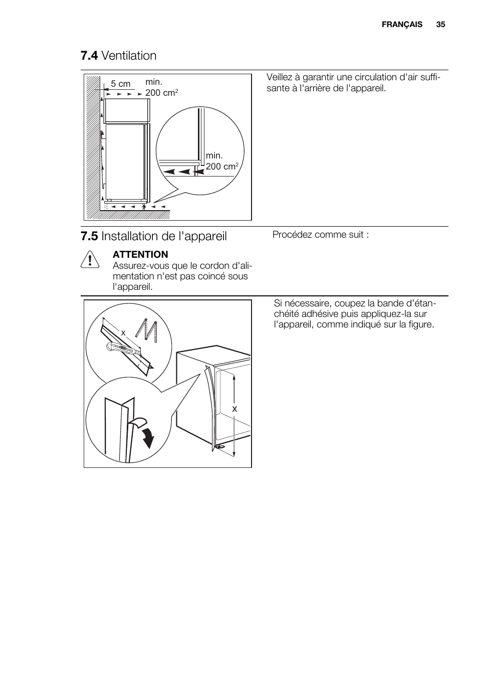 4 ventilation, 5 installation de l'appareil | Electrolux ENN2800BOW User Manual | Page 35 / 64