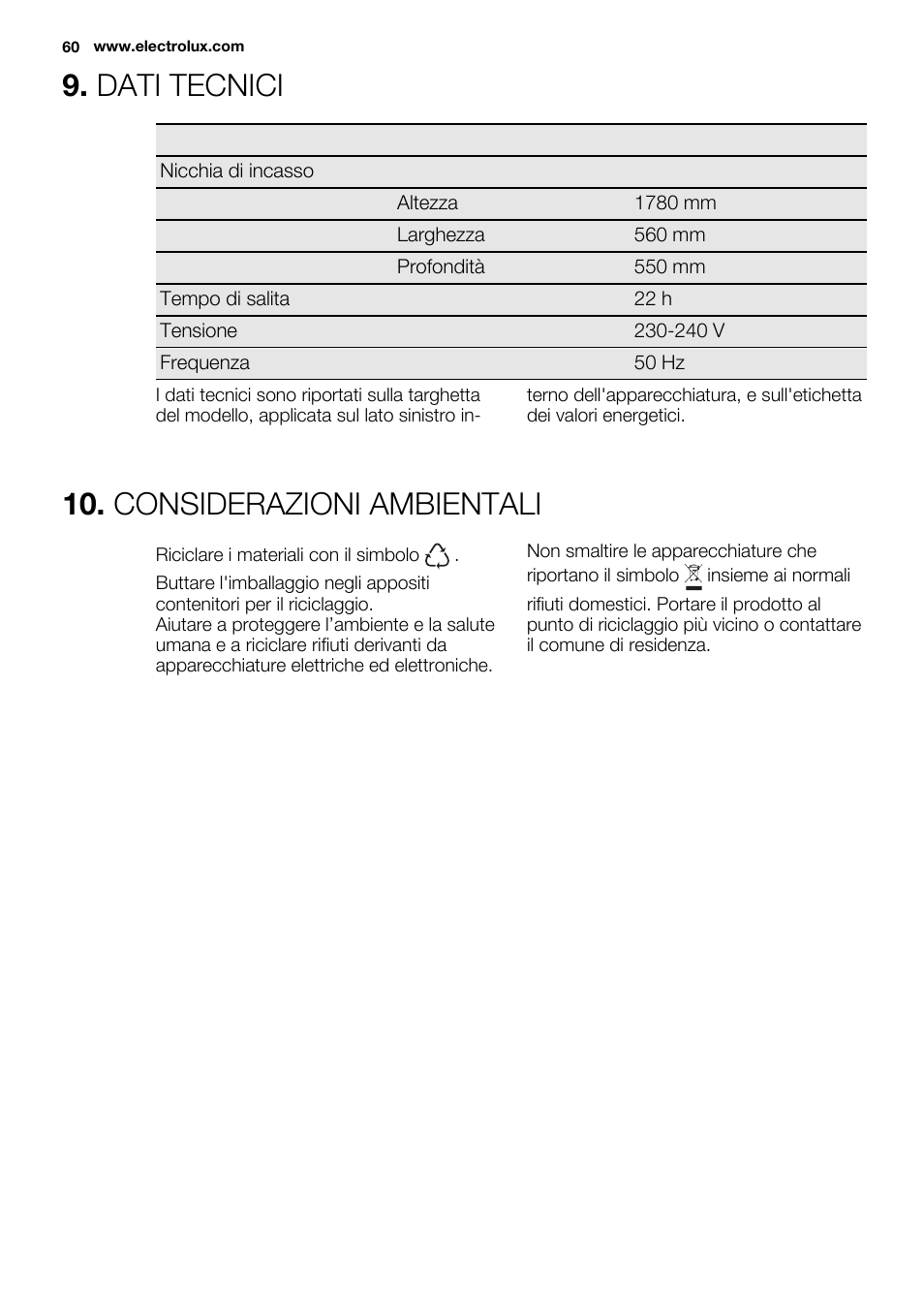 Dati tecnici, Considerazioni ambientali | Electrolux ENN2800BOW User Manual | Page 60 / 64