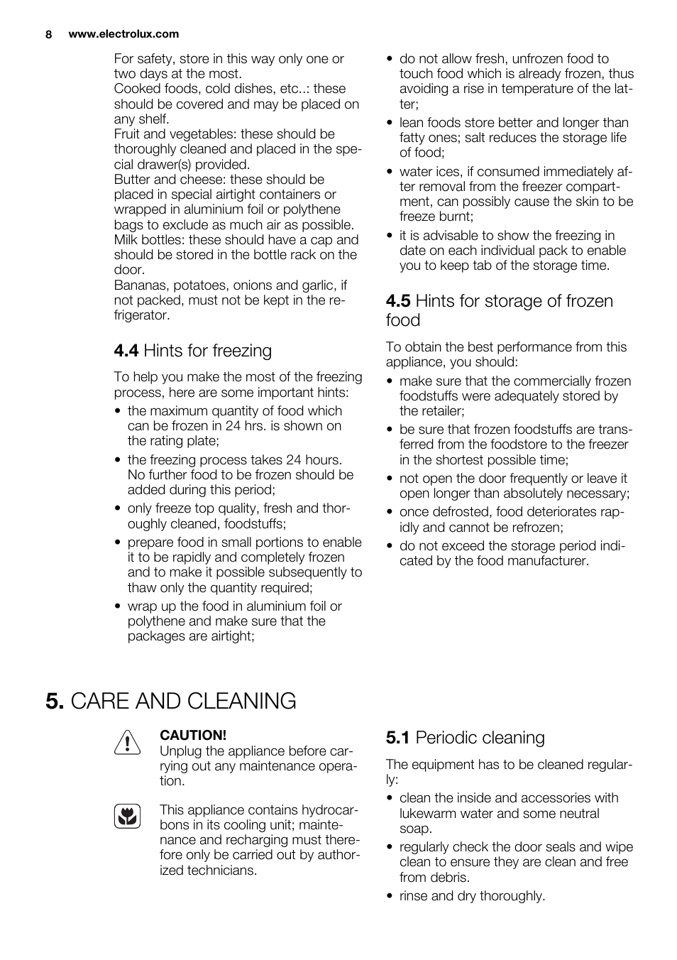 Care and cleaning, 4 hints for freezing, 5 hints for storage of frozen food | 1 periodic cleaning | Electrolux ENN2800BOW User Manual | Page 8 / 64