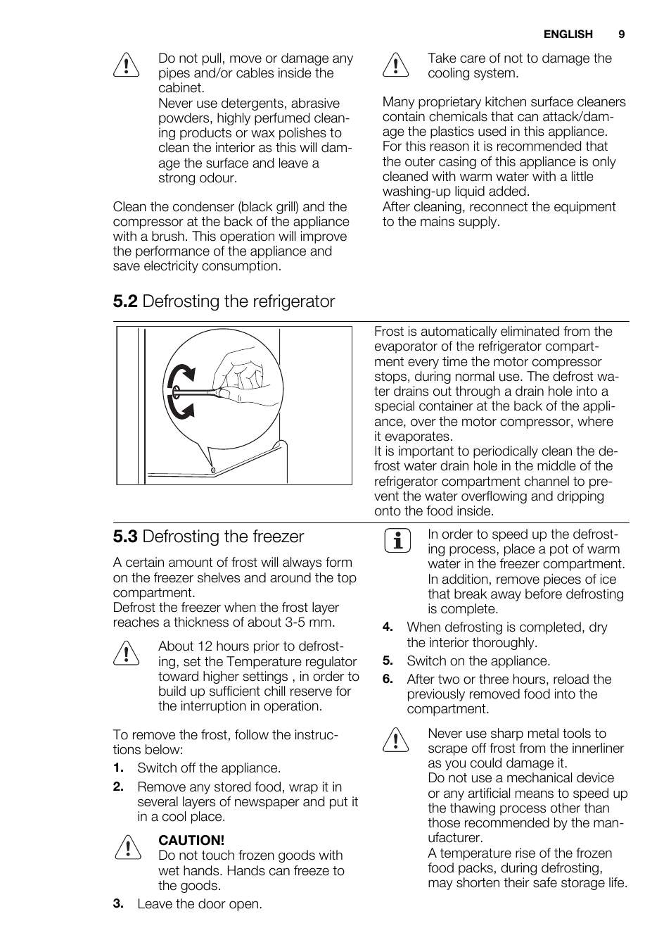 2 defrosting the refrigerator, 3 defrosting the freezer | Electrolux ENN2800BOW User Manual | Page 9 / 64