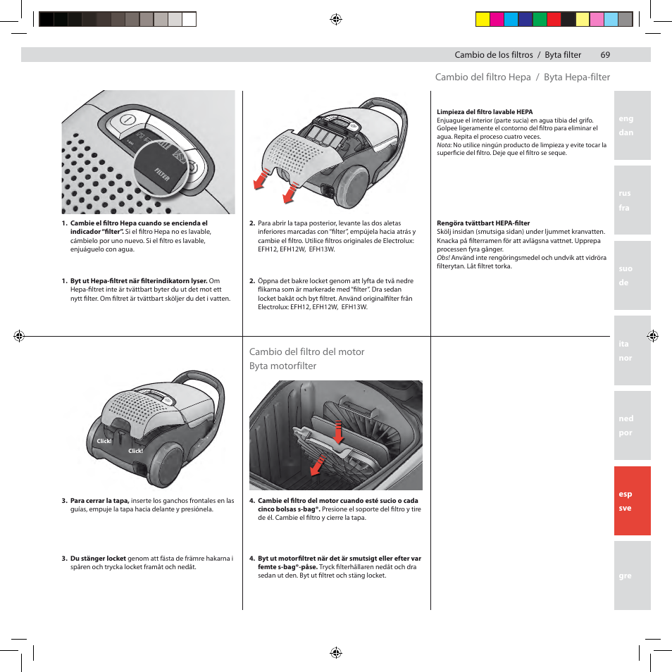 Cambio del filtro hepa / byta hepa-filter, Cambio del filtro del motor byta motorfilter | Electrolux ZG8800 User Manual | Page 75 / 96