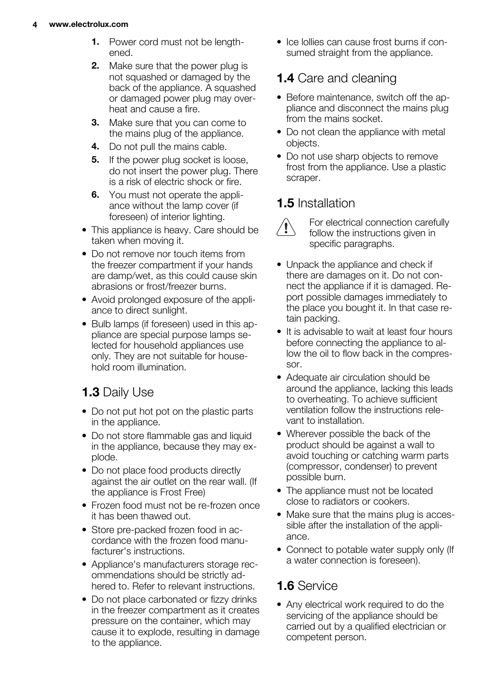 3 daily use, 4 care and cleaning, 5 installation | 6 service | Electrolux ERU1101FOW User Manual | Page 4 / 60