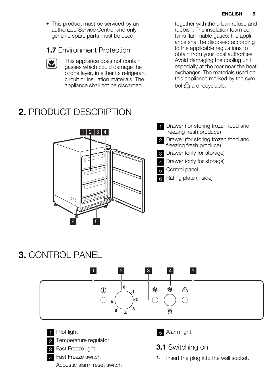 Product description, Control panel, 7 environment protection | 1 switching on | Electrolux ERU1101FOW User Manual | Page 5 / 60