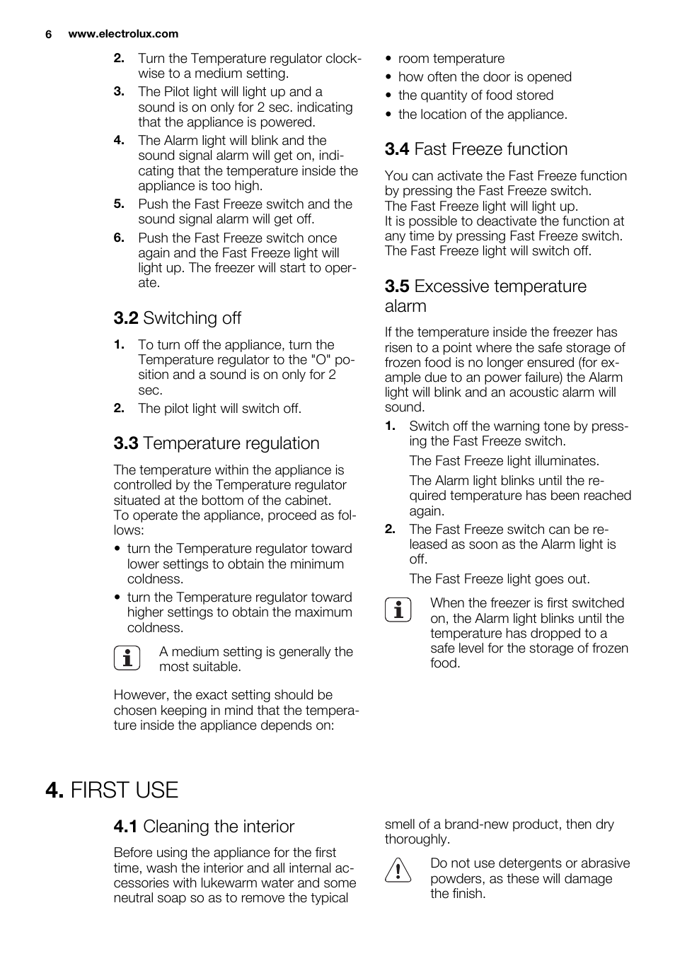 First use, 2 switching off, 3 temperature regulation | 4 fast freeze function, 5 excessive temperature alarm, 1 cleaning the interior | Electrolux ERU1101FOW User Manual | Page 6 / 60