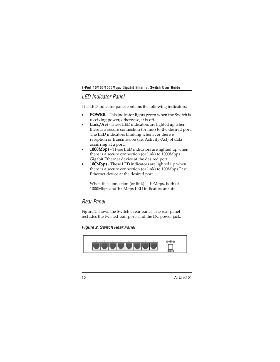 Led indicator panel, Rear panel | Airlink101 AGIGA8SW User Manual | Page 10 / 16