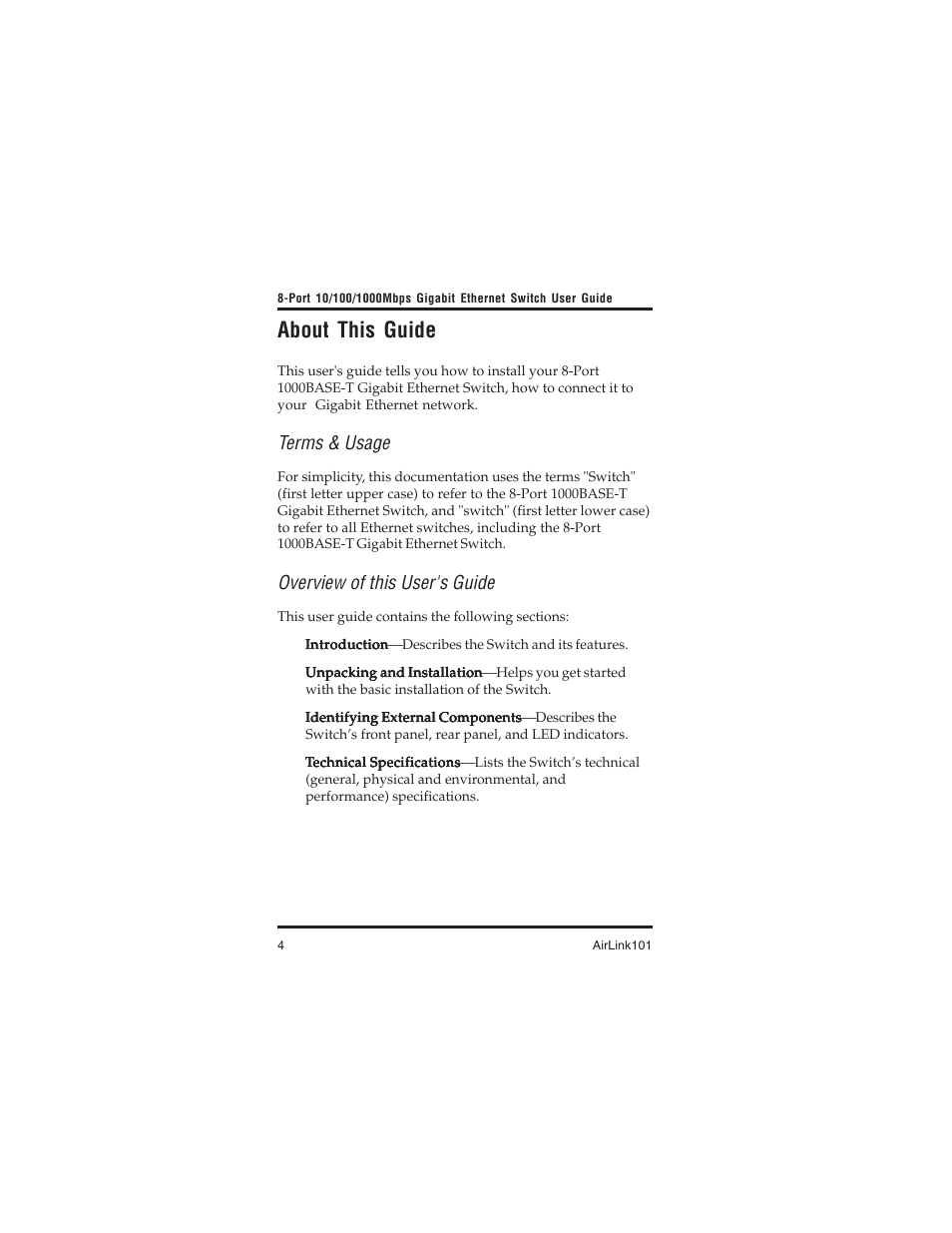 About this guide, Terms & usage, Overview of this user's guide | Airlink101 AGIGA8SW User Manual | Page 4 / 16