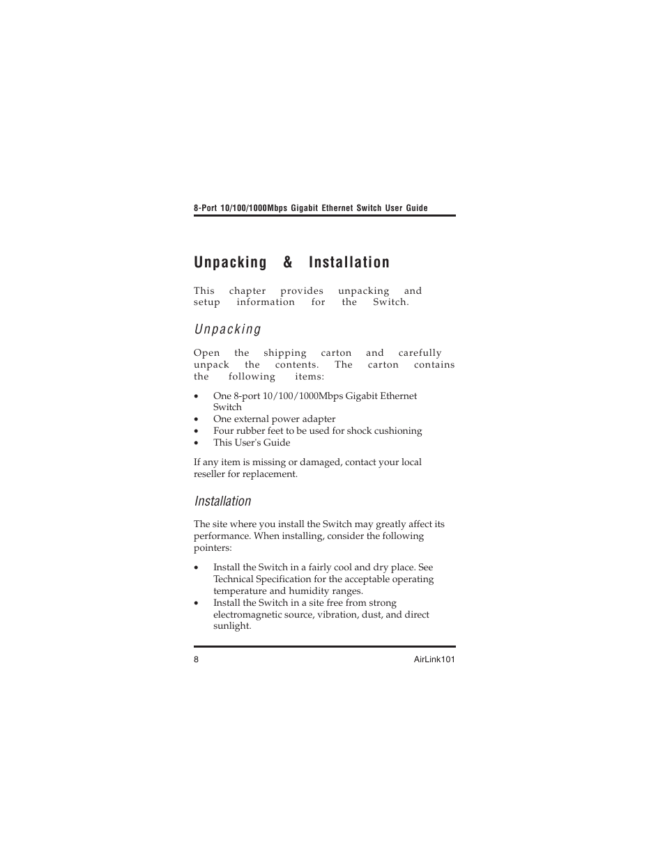 Unpacking & installation, Installation | Airlink101 AGIGA8SW User Manual | Page 8 / 16