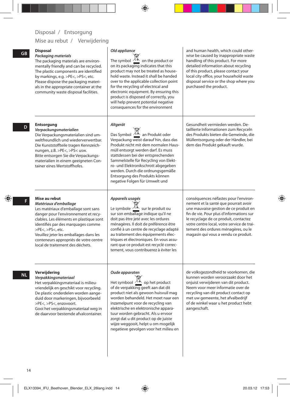 Disposal / entsorgung mise au rebut / verwijdering | Electrolux ESB4400 User Manual | Page 14 / 88