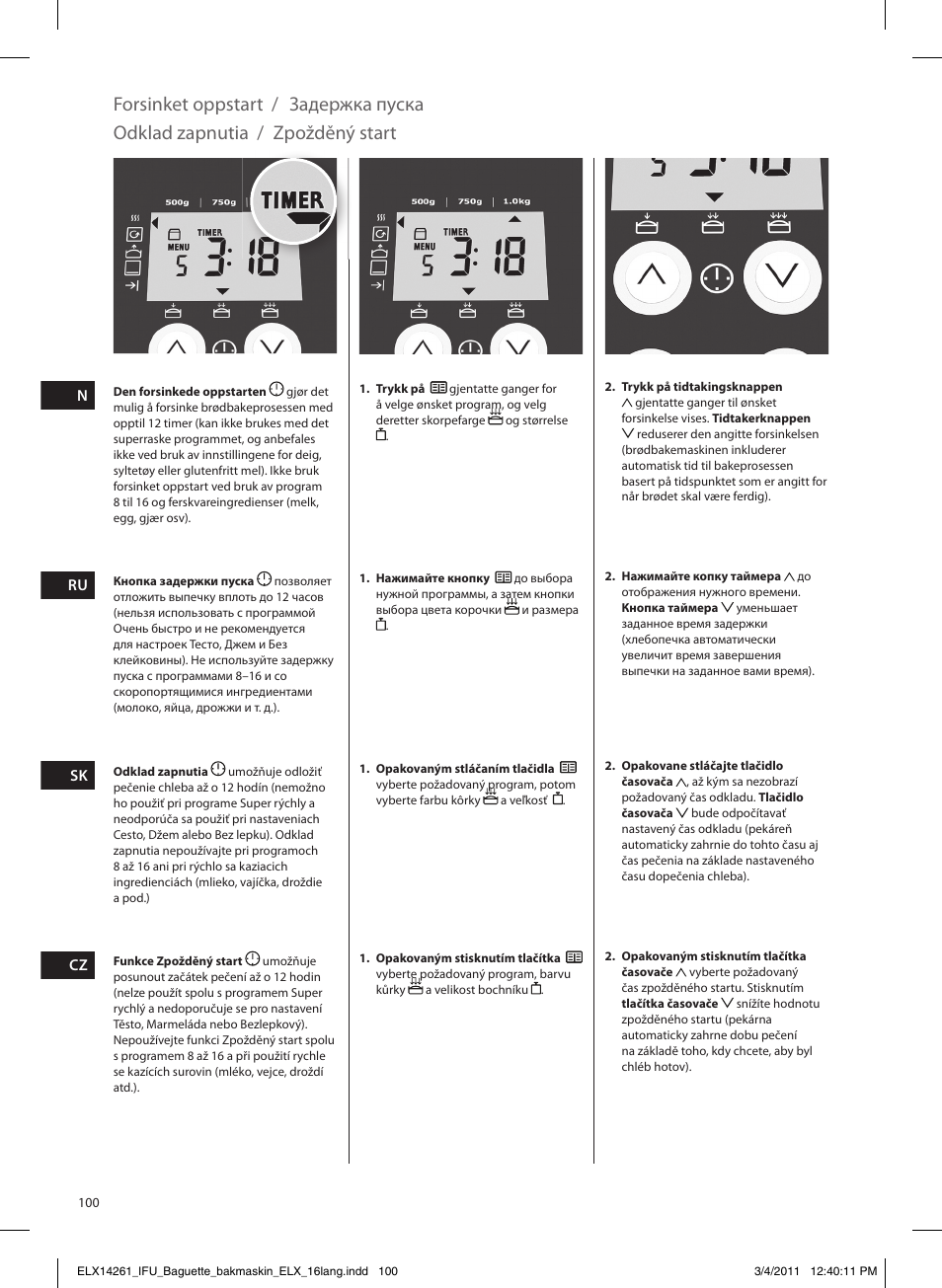 Forsinket oppstart, Задержка пуска, Odklad zapnutia | Zpožděný start | Electrolux EBM8000 User Manual | Page 100 / 192