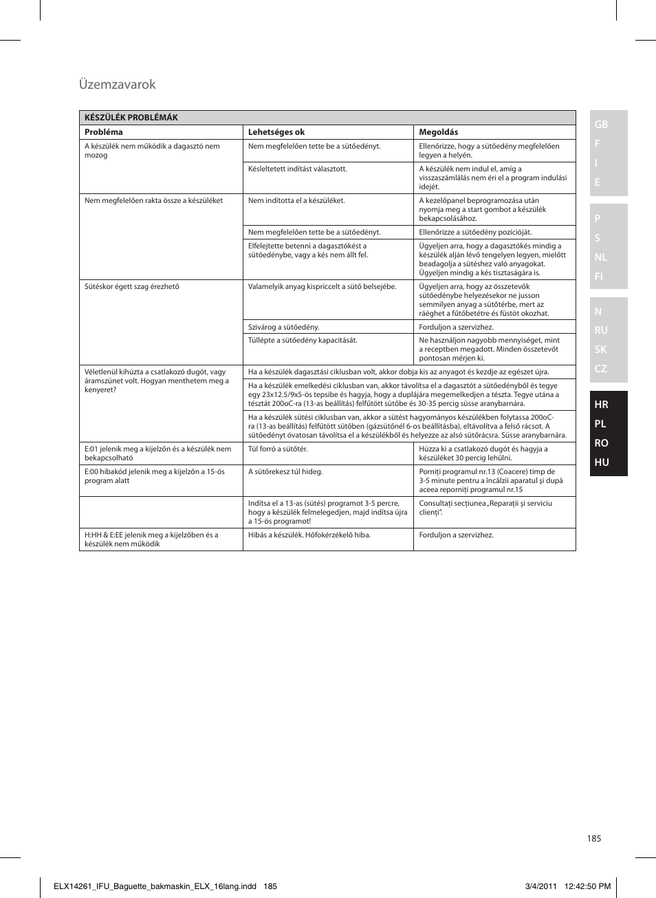 Üzemzavarok | Electrolux EBM8000 User Manual | Page 185 / 192