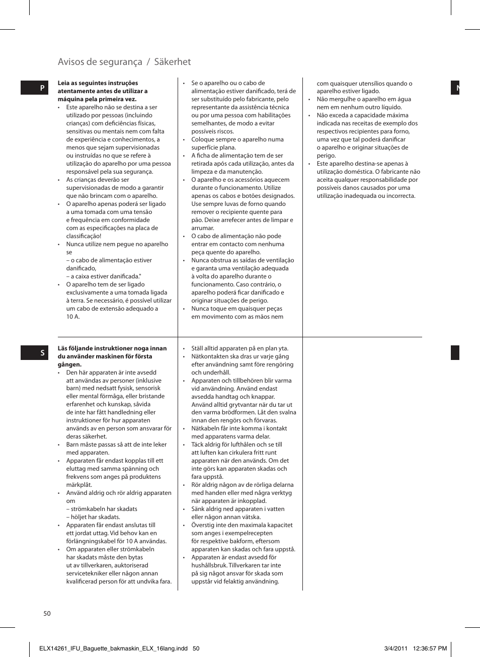 Avisos de segurança, Säkerhet | Electrolux EBM8000 User Manual | Page 50 / 192