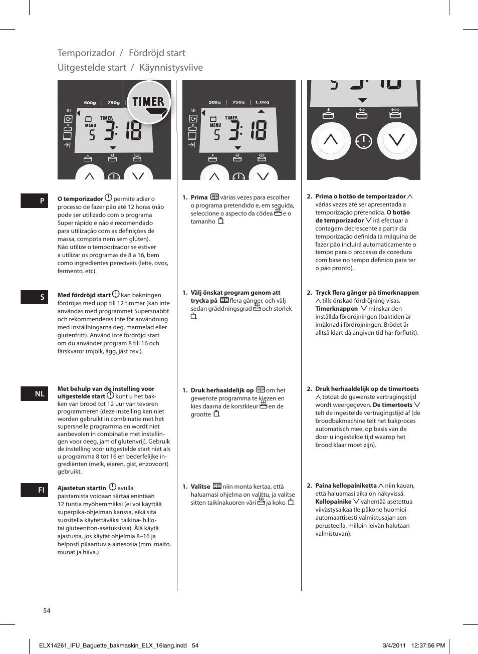 Temporizador, Fördröjd start, Uitgestelde start | Käynnistysviive | Electrolux EBM8000 User Manual | Page 54 / 192