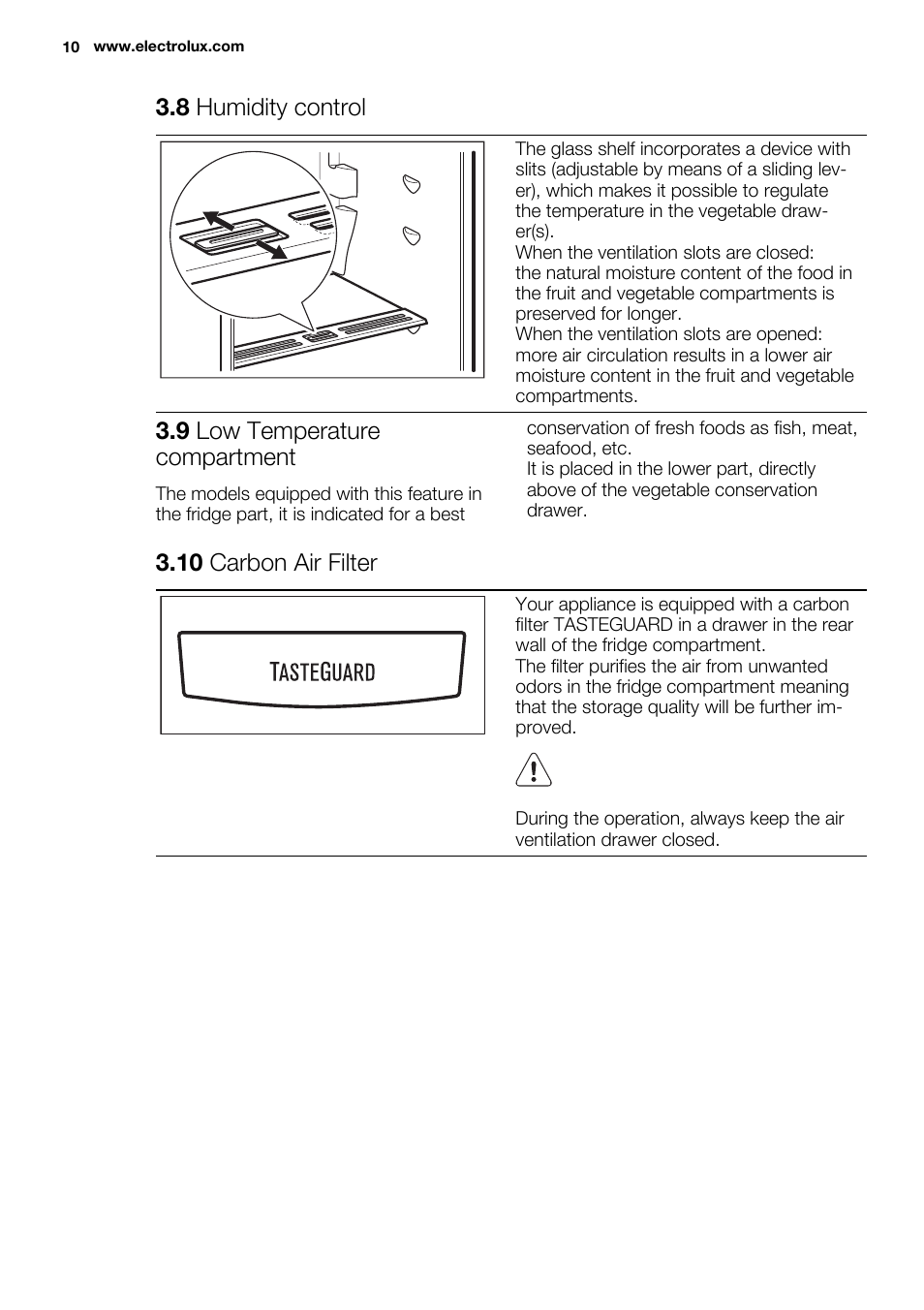 8 humidity control, 9 low temperature compartment, 10 carbon air filter | Electrolux ENN2814COW User Manual | Page 10 / 76