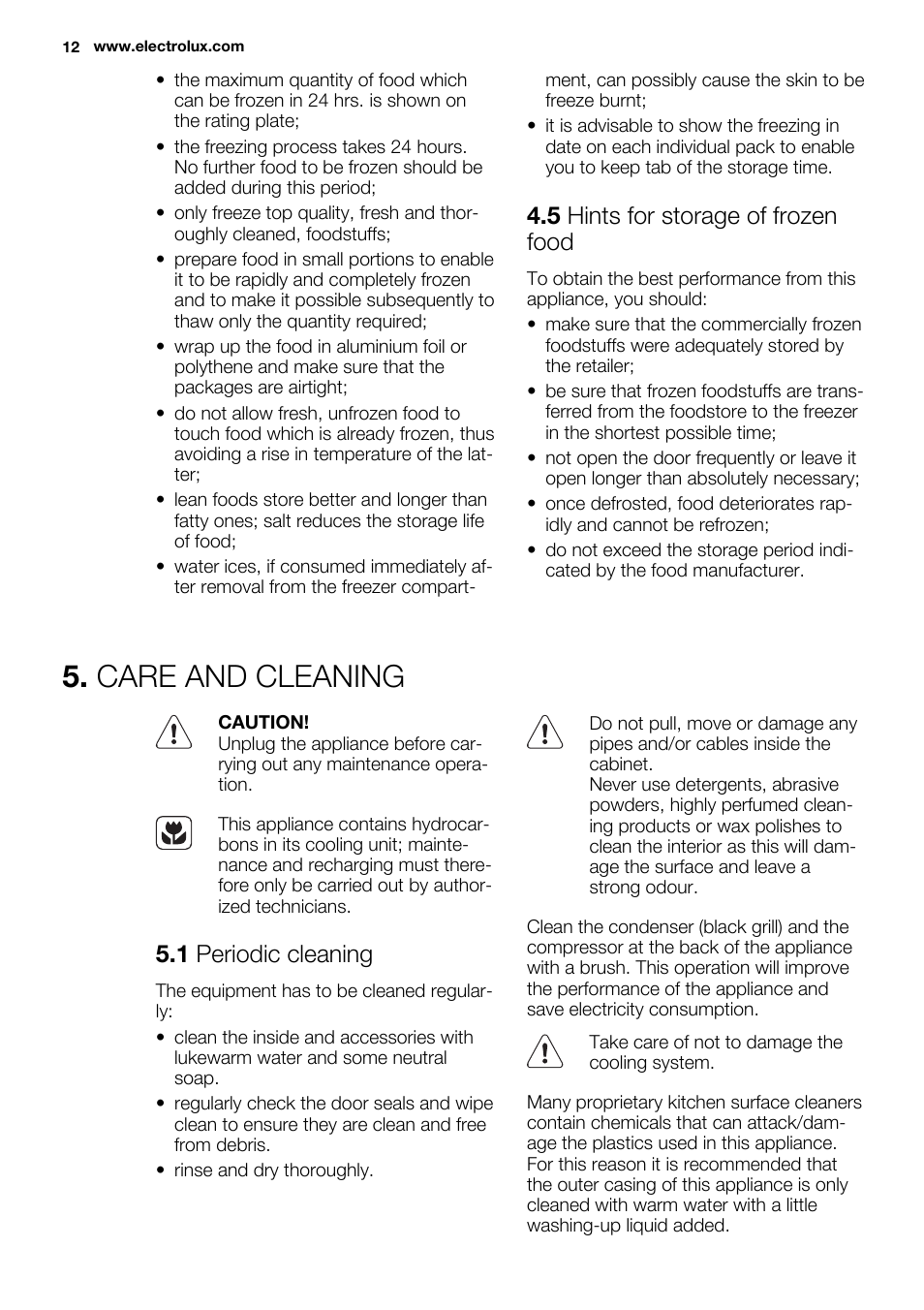 Care and cleaning, 5 hints for storage of frozen food, 1 periodic cleaning | Electrolux ENN2814COW User Manual | Page 12 / 76