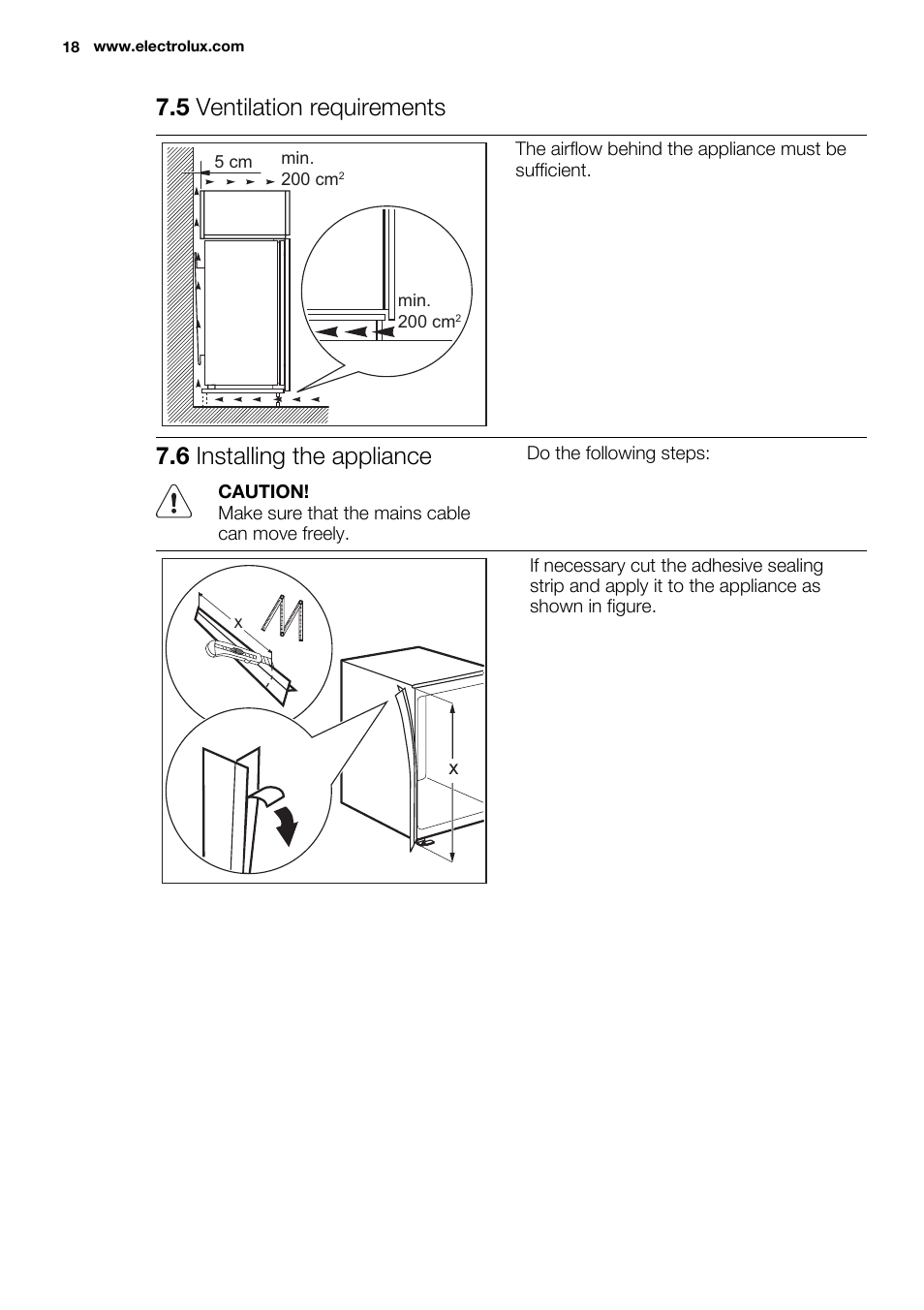 5 ventilation requirements, 6 installing the appliance | Electrolux ENN2814COW User Manual | Page 18 / 76