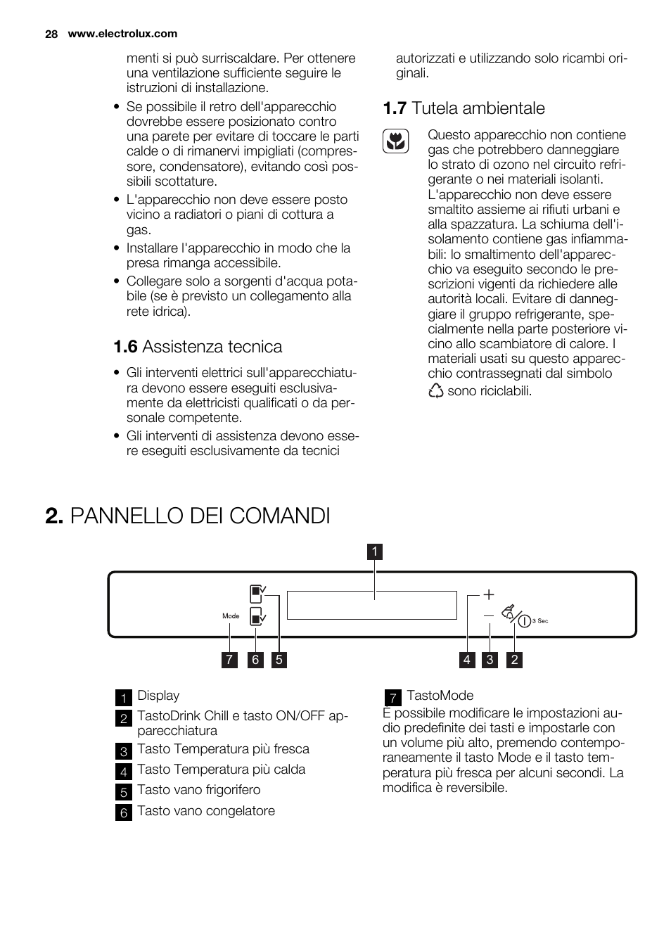 Pannello dei comandi, 6 assistenza tecnica, 7 tutela ambientale | Electrolux ENN2814COW User Manual | Page 28 / 76
