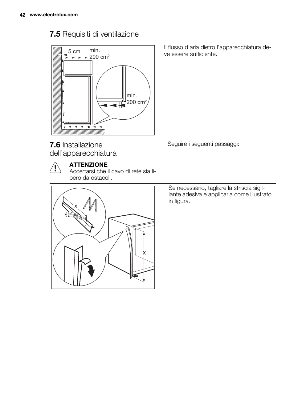 5 requisiti di ventilazione, 6 installazione dell’apparecchiatura | Electrolux ENN2814COW User Manual | Page 42 / 76