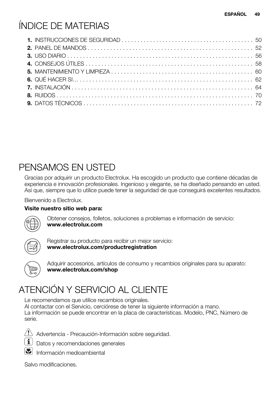 Índice de materias, Pensamos en usted, Atención y servicio al cliente | Electrolux ENN2814COW User Manual | Page 49 / 76