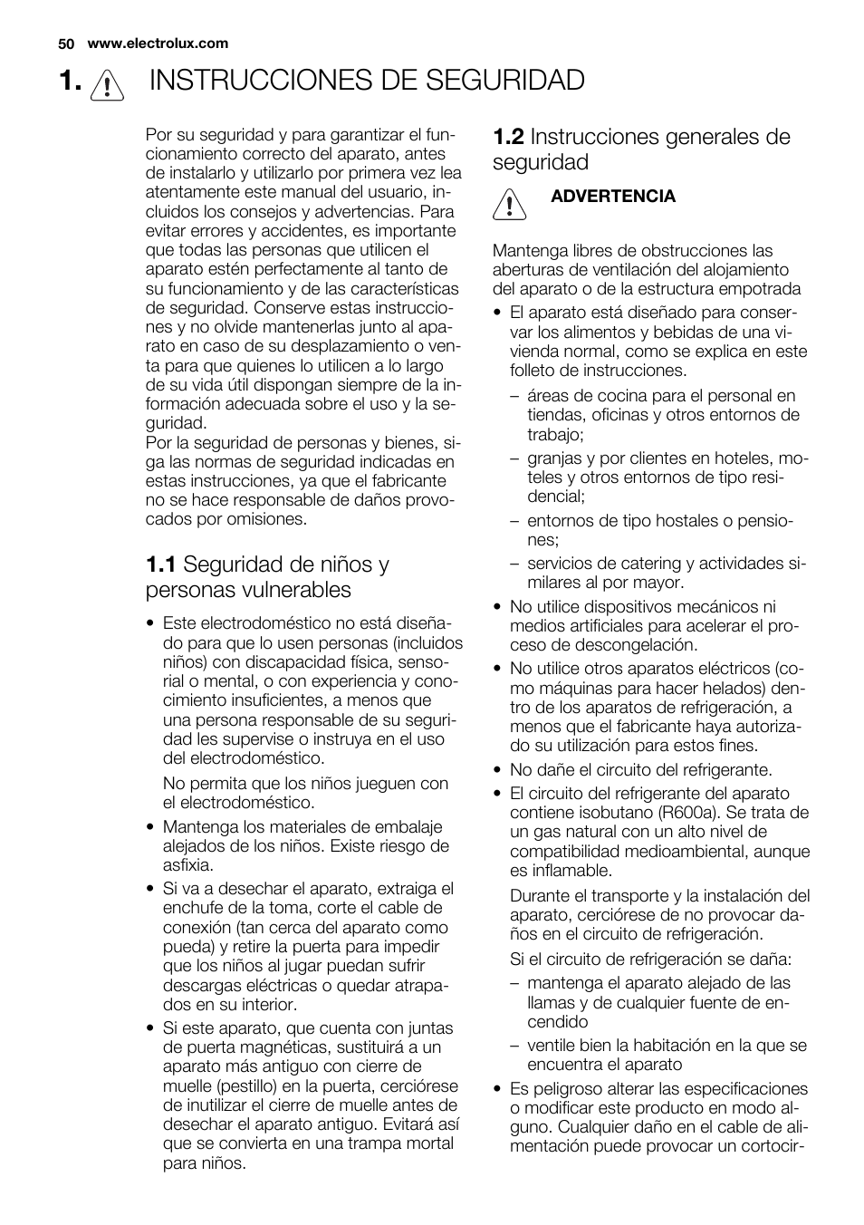 Instrucciones de seguridad, 1 seguridad de niños y personas vulnerables, 2 instrucciones generales de seguridad | Electrolux ENN2814COW User Manual | Page 50 / 76