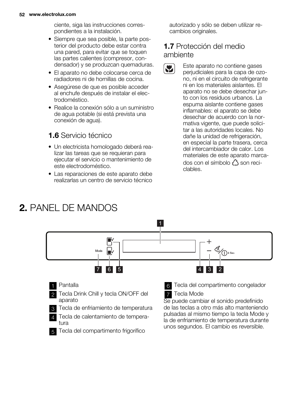 Panel de mandos, 6 servicio técnico, 7 protección del medio ambiente | Electrolux ENN2814COW User Manual | Page 52 / 76