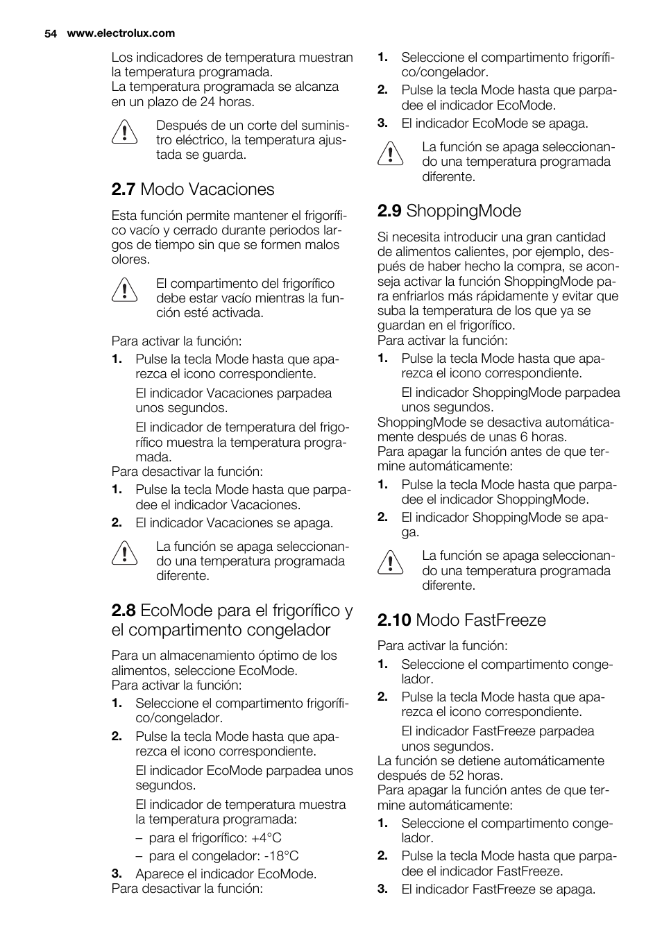 7 modo vacaciones, 9 shoppingmode, 10 modo fastfreeze | Electrolux ENN2814COW User Manual | Page 54 / 76